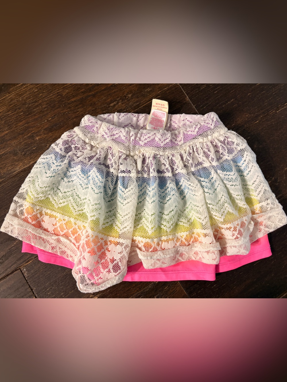 Faded Glory White Lace Rainbow Skirt with Pink Lining